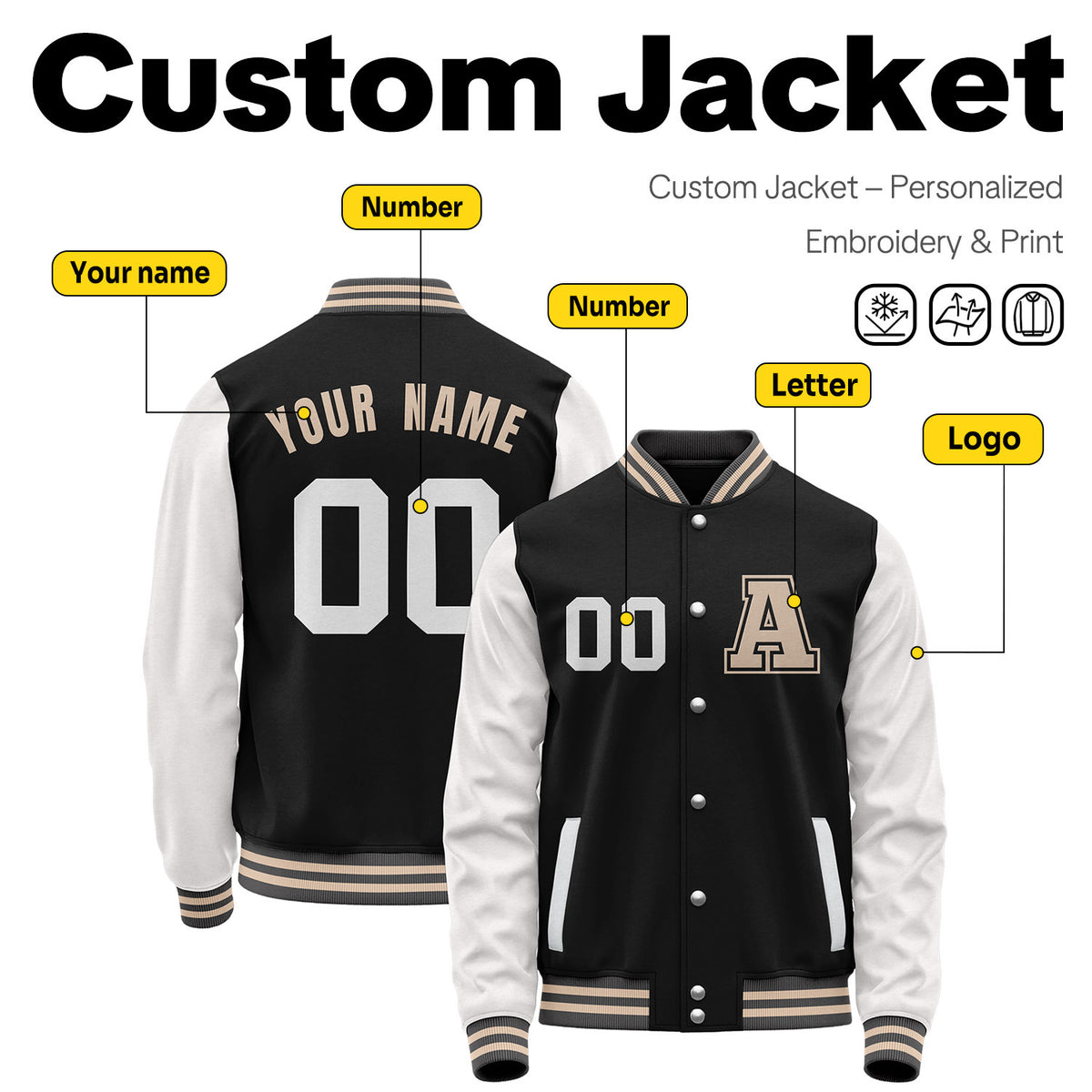 Custom Varsity Jacket with Embroidered Name & Number | Black & White Personalized Team Letterman Bomber