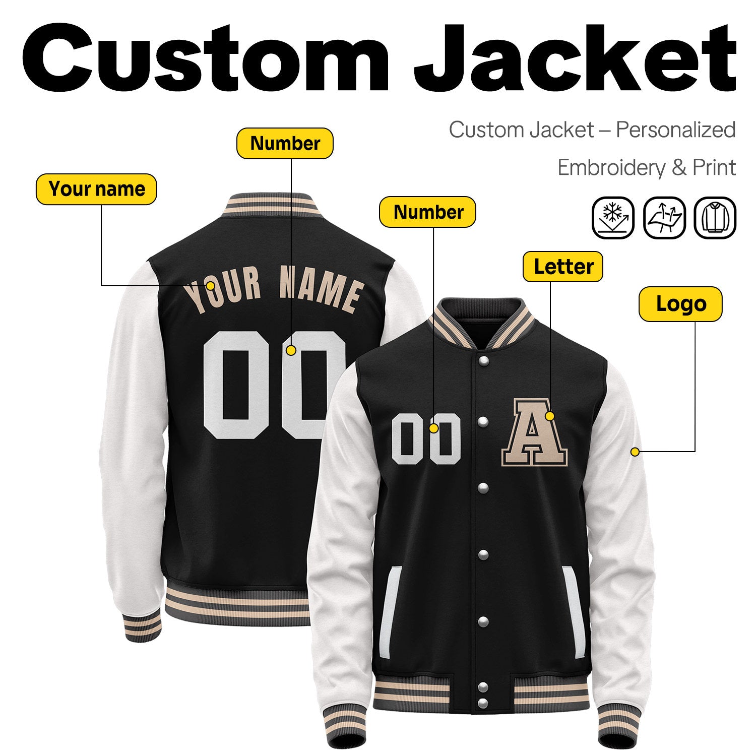 Custom Varsity Jacket with Embroidered Name & Number | Black & White Personalized Team Letterman Bomber
