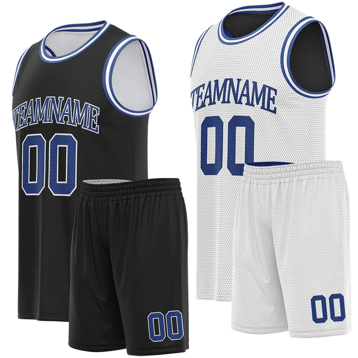 Custom black, white &amp; blue basketball jersey set, personalized name number team logo, sleeveless jersey with matching shorts sports uniform for men women youth adult game practice - Vosoli