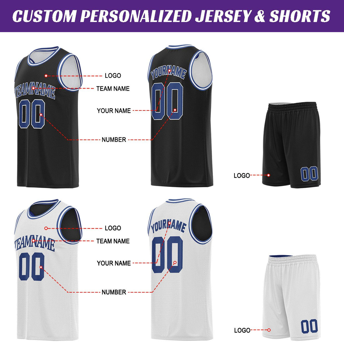 Custom Black White & Blue Basketball Jersey Set | Personalized Team Uniform | Vosoli