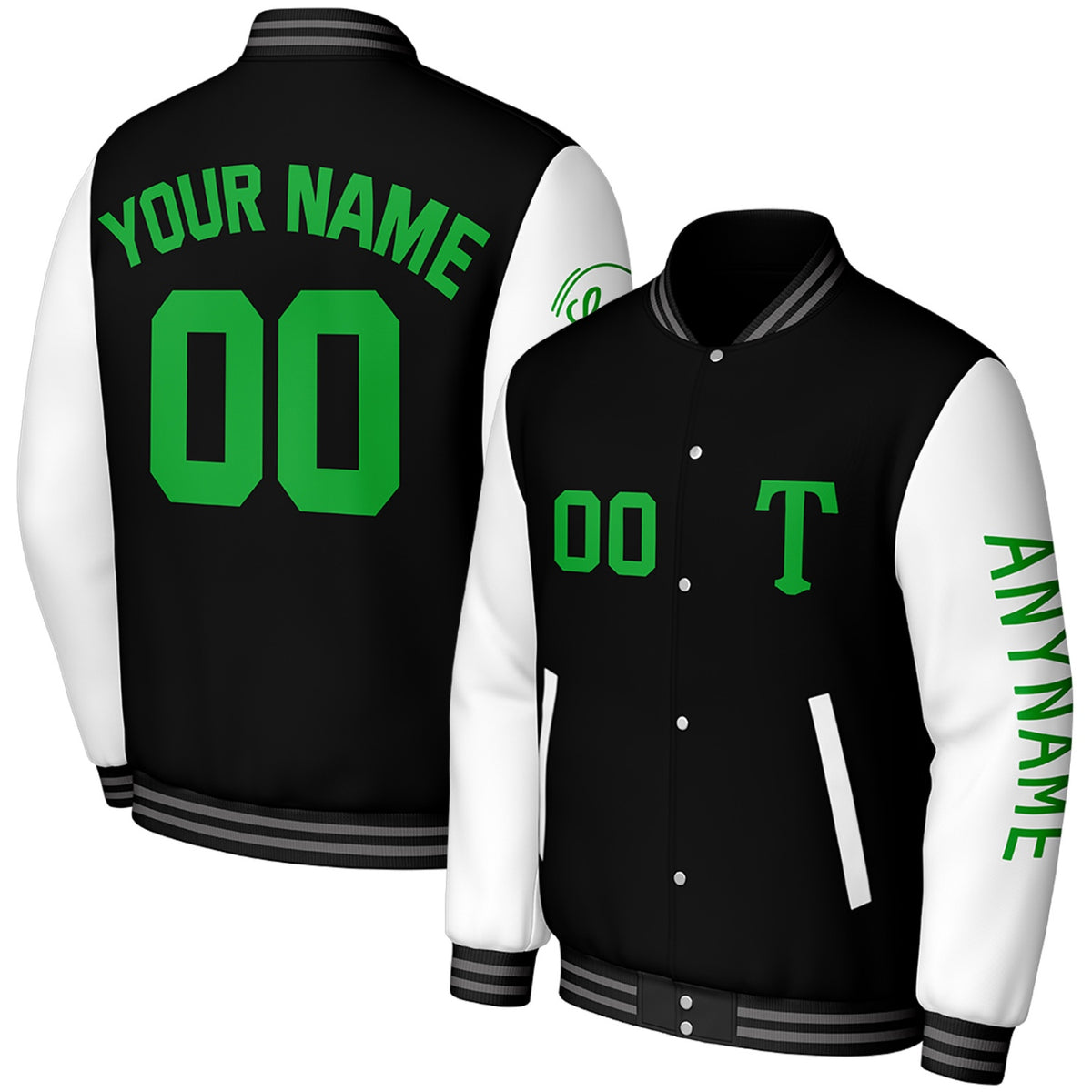 custom black white club baseball jackets by Vosoli, personalized stitched name, number &amp; logo, classic button up varsity letterman jacket for club baseball team and casual wear
