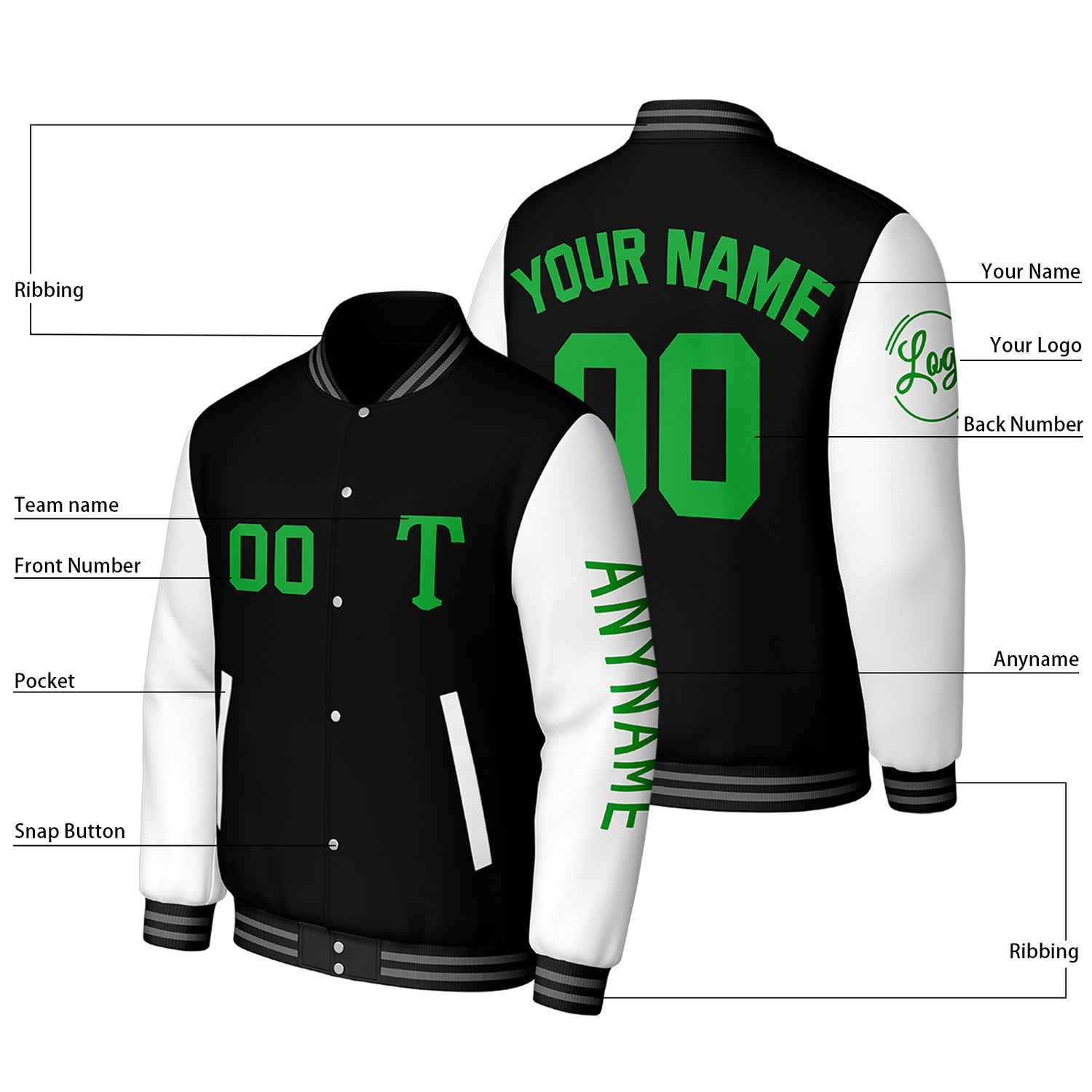 Custom Black & White Varsity Baseball Jacket | Personalized Letterman Baseball Bomber for Adult & Youth