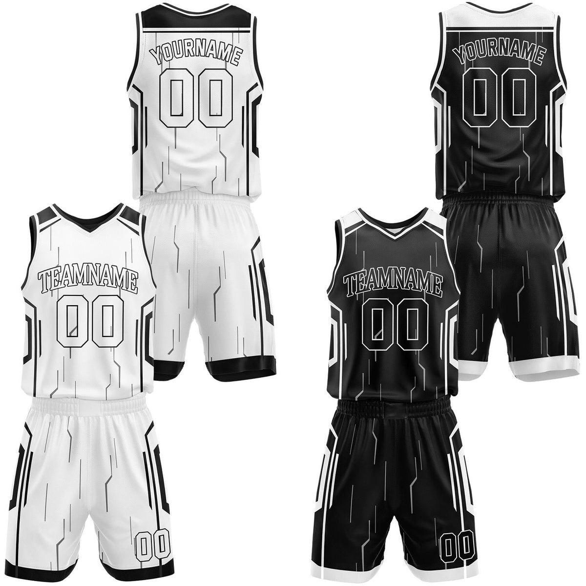 Custom black &amp; white reversible basketball jersey shorts set by Vosoli | Personalized outline block team name number tech geometric uniform sportswear