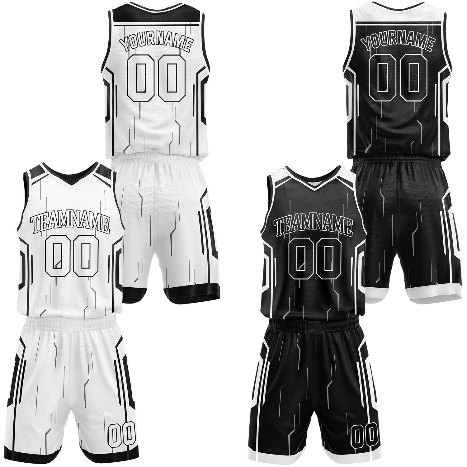 Custom black & white reversible basketball jersey shorts set by Vosoli | Personalized outline block team name number tech geometric uniform sportswear