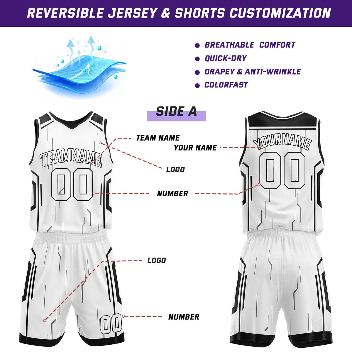 Custom Black & White Reversible Geometric Basketball Jersey Shorts Set | Personalized Team Uniform