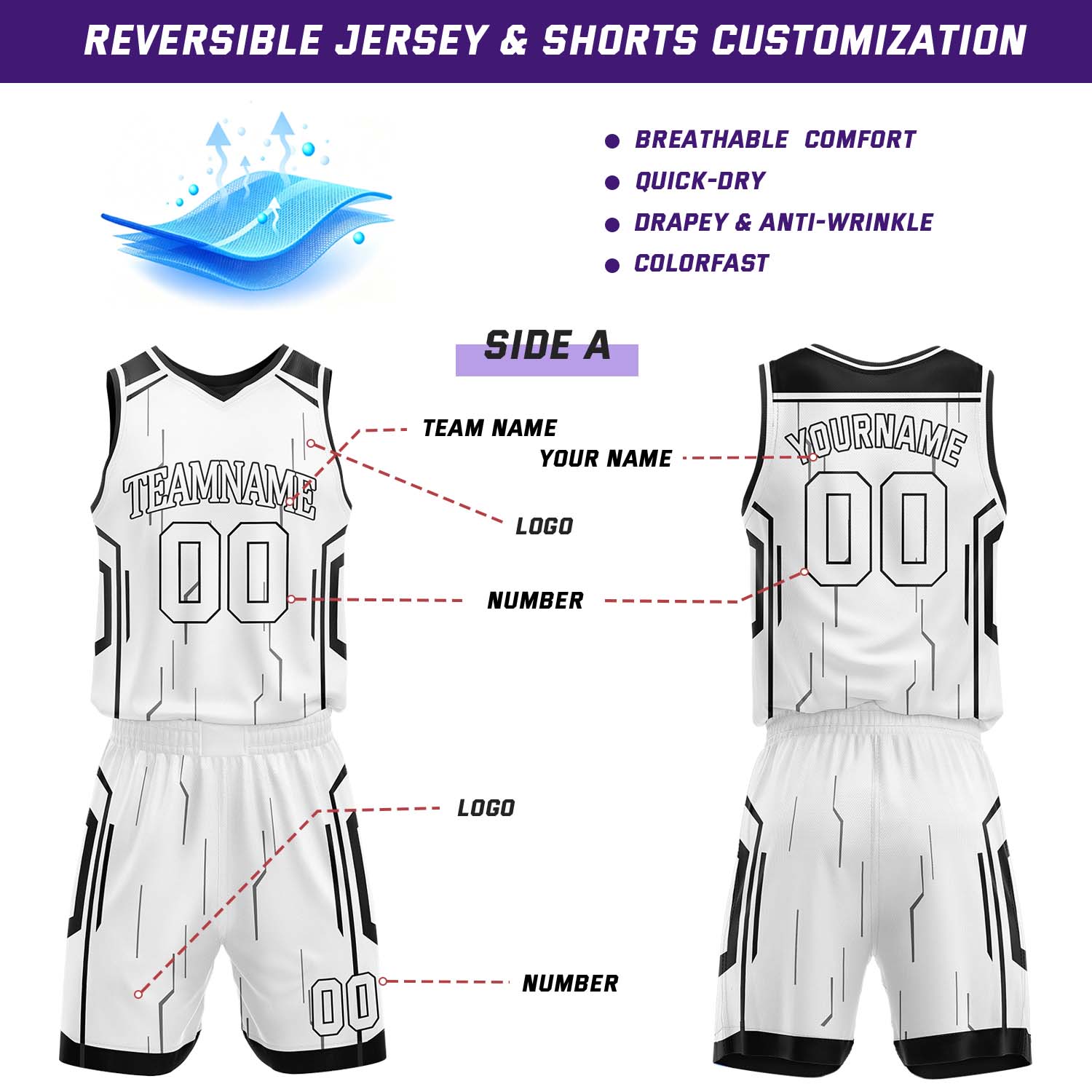 Custom Black & White Reversible Geometric Basketball Jersey Shorts Set | Personalized Team Uniform