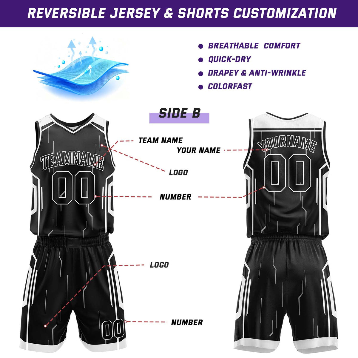Custom Black & White Reversible Geometric Basketball Jersey Shorts Set | Personalized Team Uniform