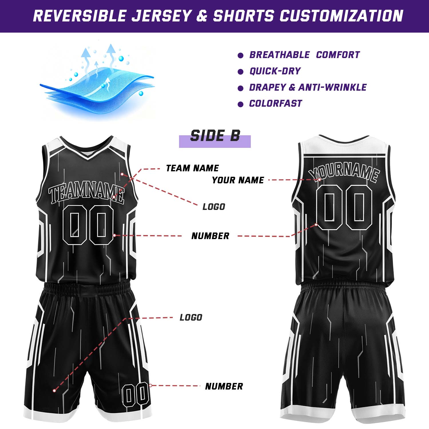 Custom Black & White Reversible Geometric Basketball Jersey Shorts Set | Personalized Team Uniform