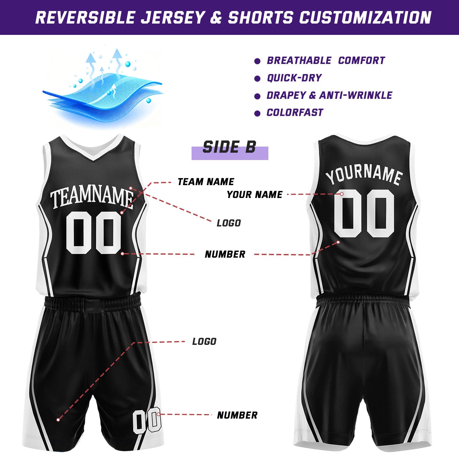 Custom Black & White Reversible Geometric Basketball Jersey Shorts Set | Personalized Team Uniform