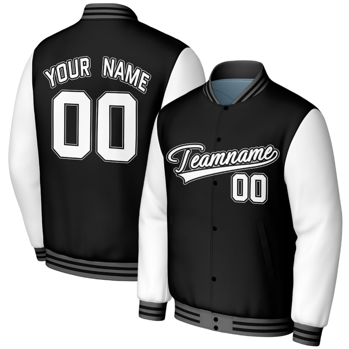custom black white high school baseball jacket by Vosoli, personalized stitched name, number &amp; logo, classic button up varsity letterman jacket for high school baseball team and casual wear