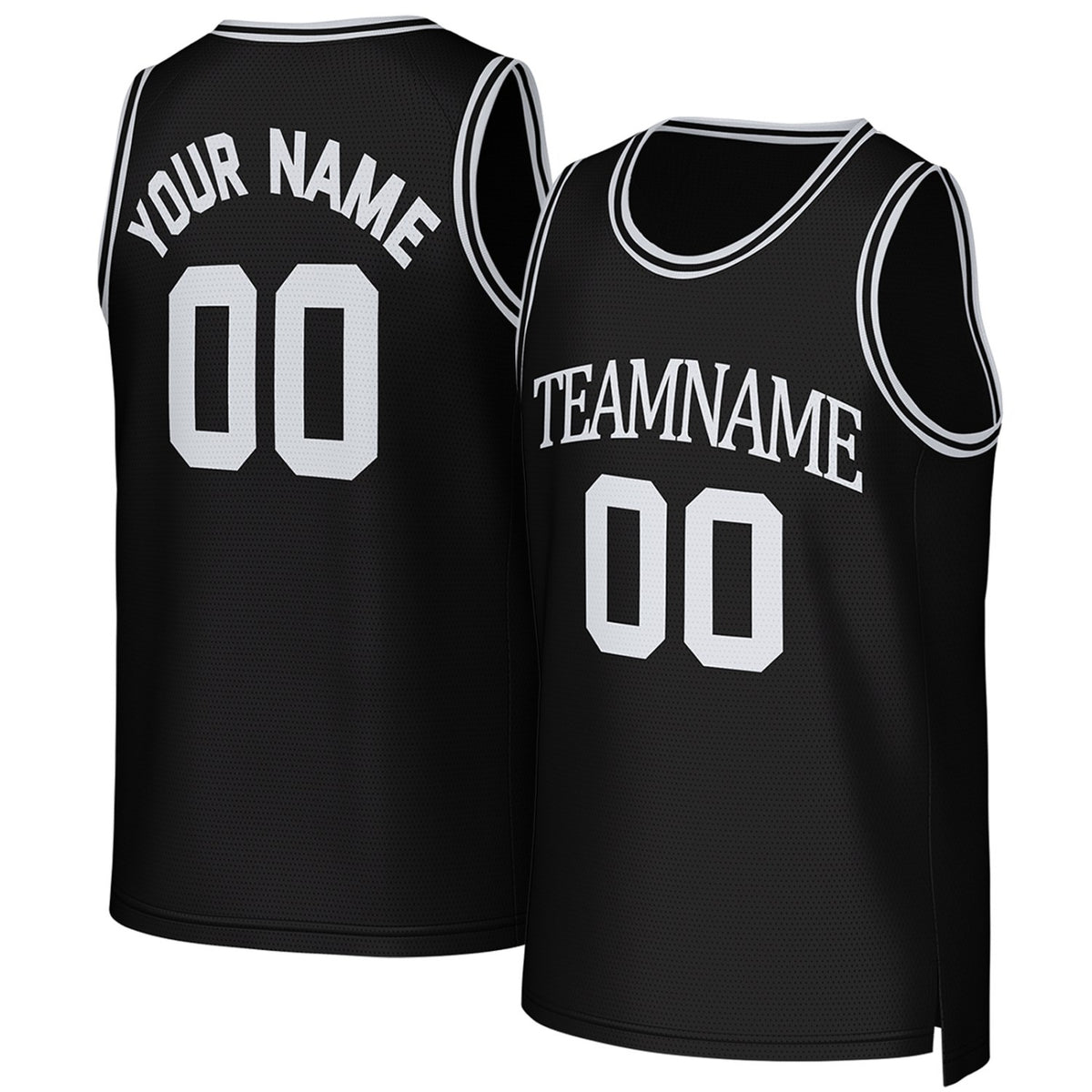 Custom black & white basketball jersey by Vosoli. Personalized with team name, player name, number, and logo. Breathable mesh jersey for high school, college, AAU teams.