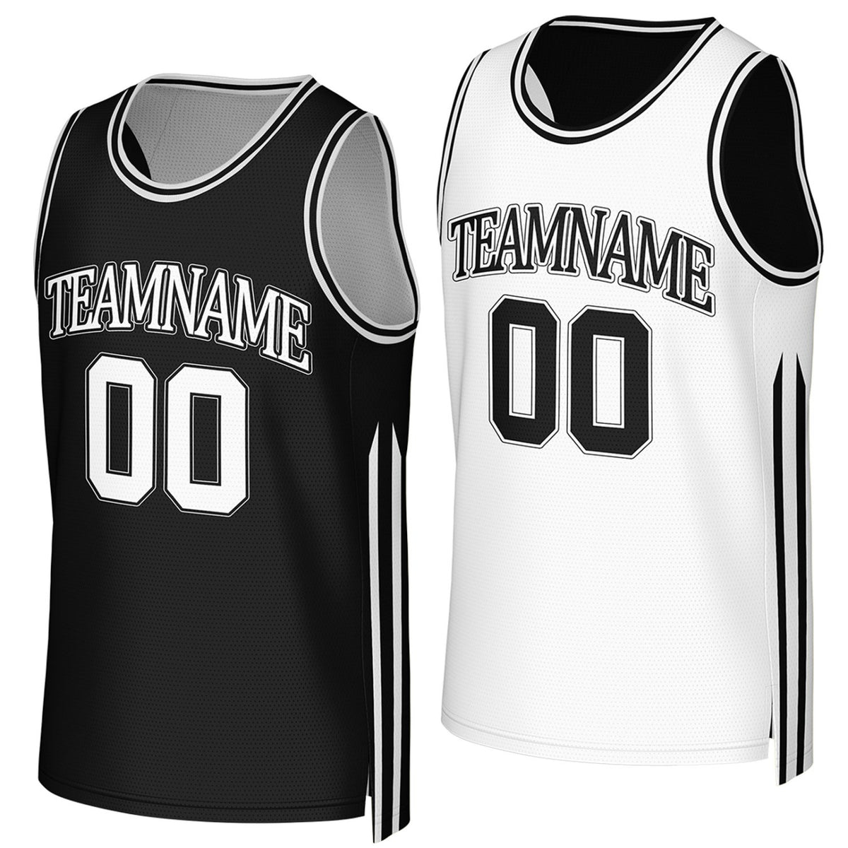 Custom black & white reversible basketball jersey by Vosoli. Personalized with team name, player name, number, and logo on both sides. Breathable mesh 2-in-1 jersey for high school, college, AAU teams.
