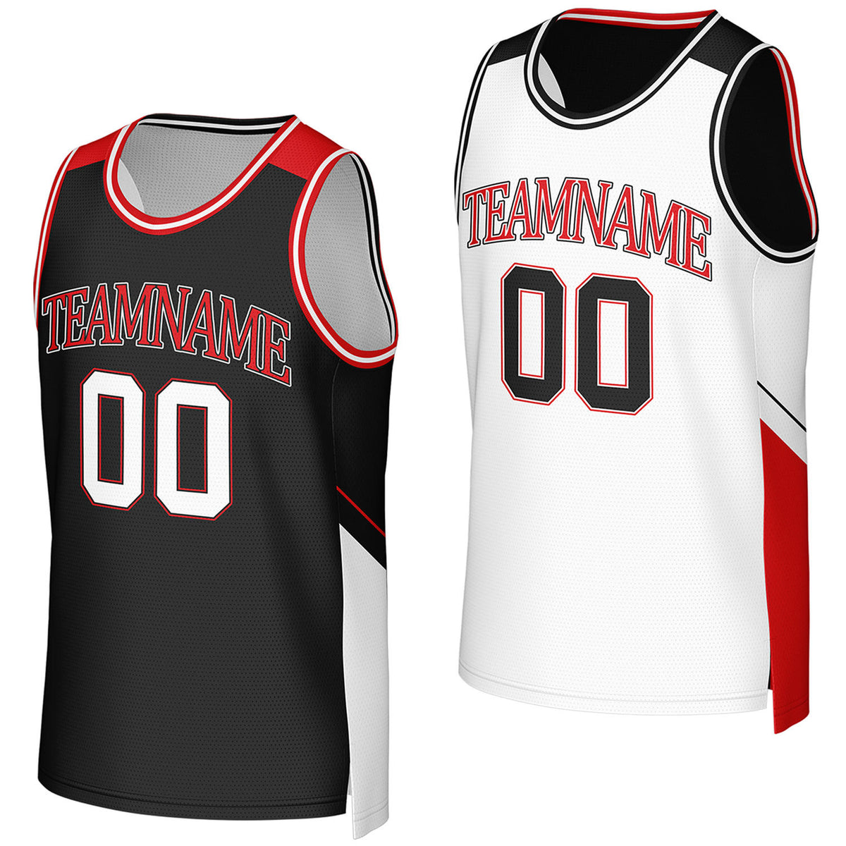 Custom black & white reversible basketball jersey by Vosoli. Personalized with team name, player name, number, and logo on both sides. Breathable mesh 2-in-1 jersey for high school, college, AAU teams.