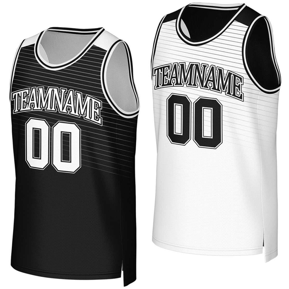 Custom black & white reversible basketball jersey by Vosoli. Personalized with team name, player name, number, and logo on both sides. Breathable mesh 2-in-1 jersey for high school, college, AAU teams.
