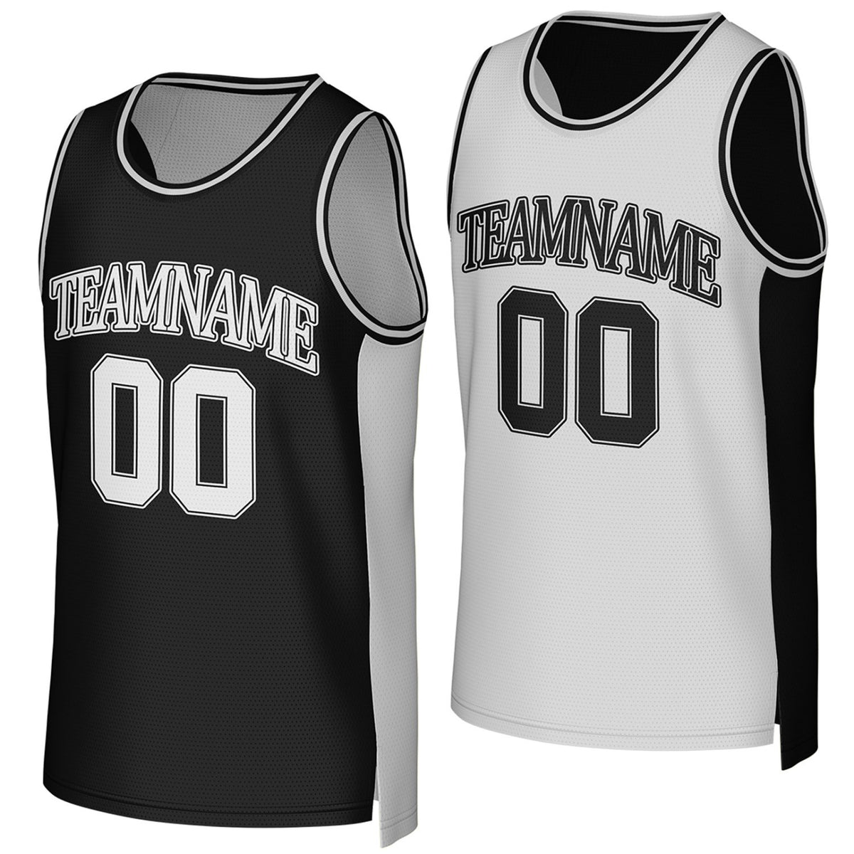 Custom black & white reversible basketball jersey by Vosoli. Personalized with team name, player name, number, and logo on both sides. Breathable mesh 2-in-1 jersey for high school, college, AAU teams.