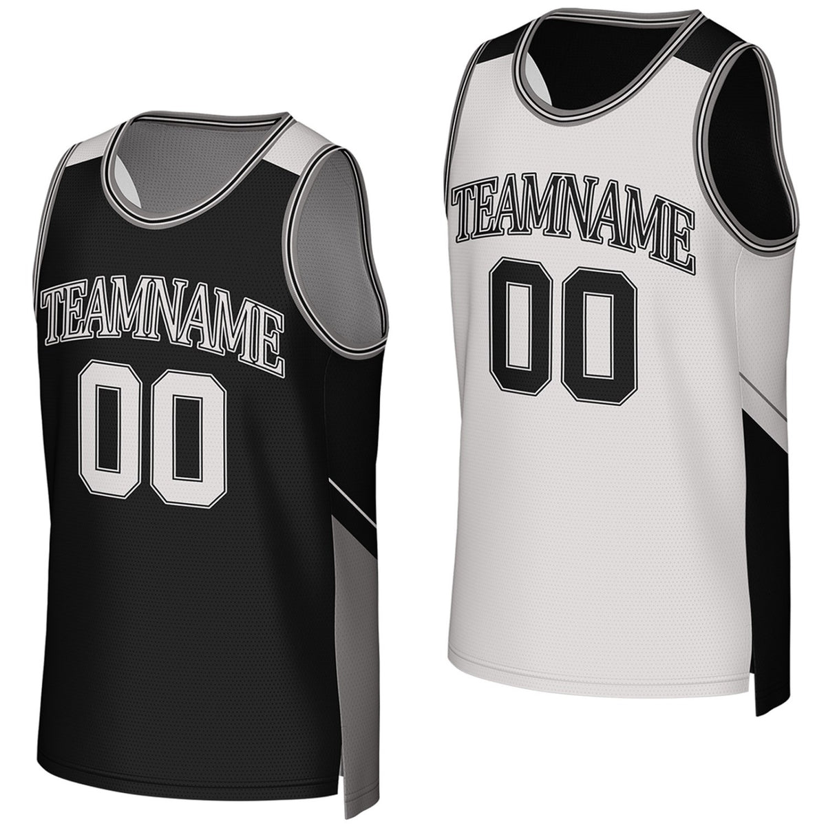 Custom black & white reversible basketball jersey by Vosoli. Personalized with team name, player name, number, and logo on both sides. Breathable mesh 2-in-1 jersey for high school, college, AAU teams.
