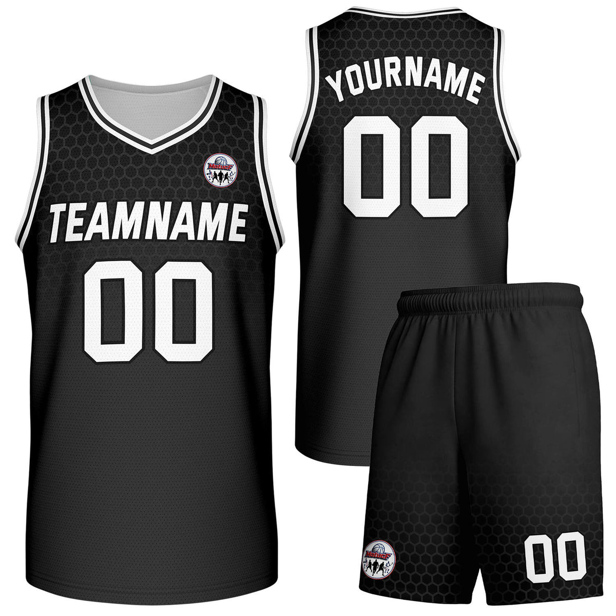 Custom black honeycomb-pattern basketball uniform set, personalized team name/your name number logo breathable mesh jersey and shorts for men women youth game practice - Vosoli