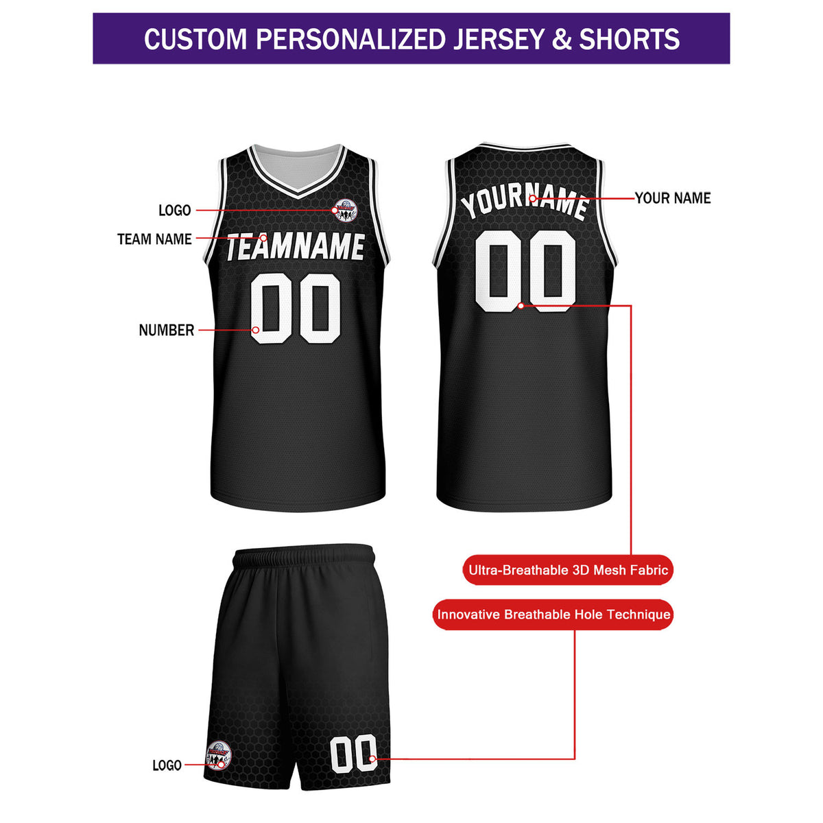 Custom Black & White Honeycomb Basketball Uniform Set | Personalized Team Name & Number - Vosoli