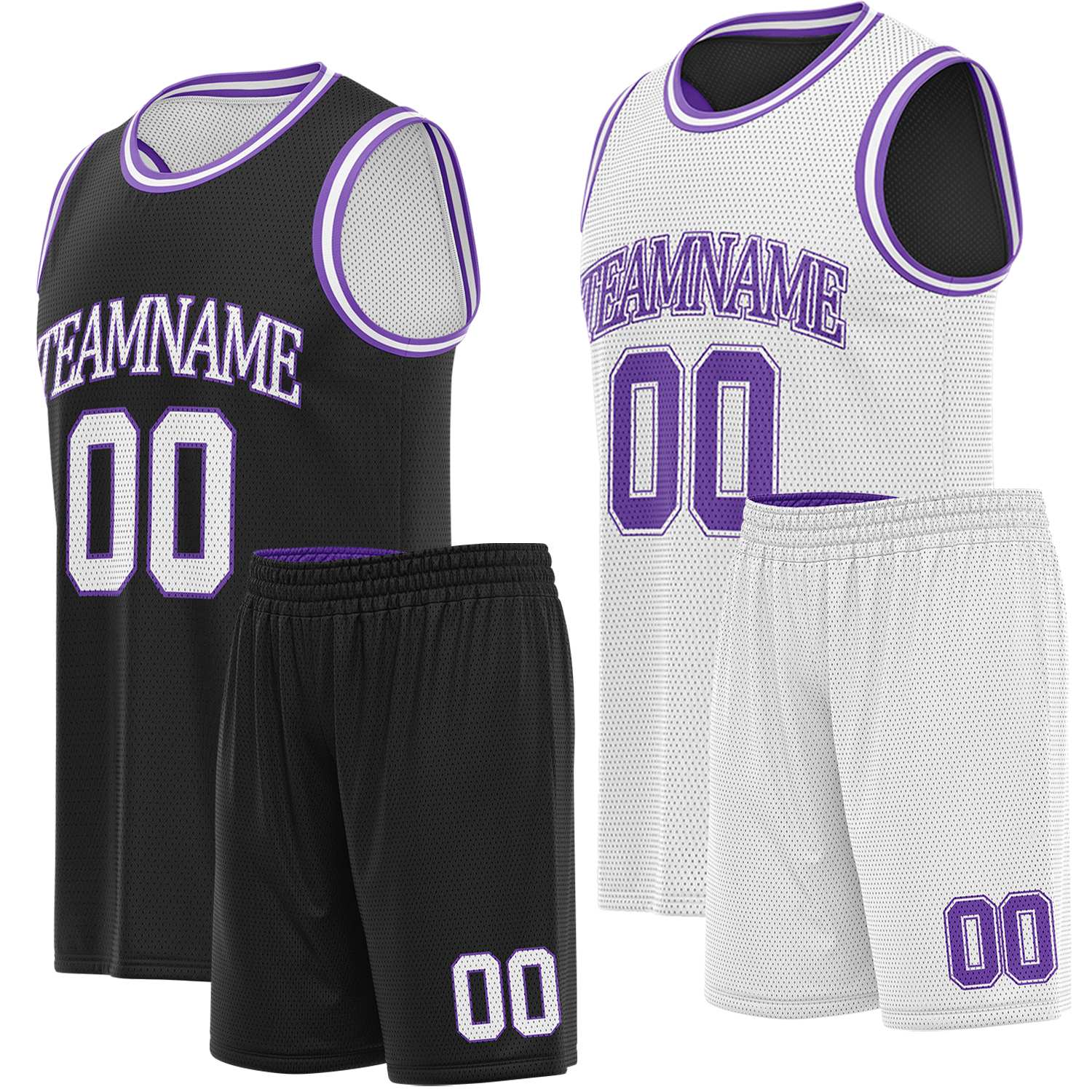 Custom black, white & purple basketball jersey set, personalized name number team logo, sleeveless jersey with matching shorts sports uniform for men women youth adult game practice - Vosoli