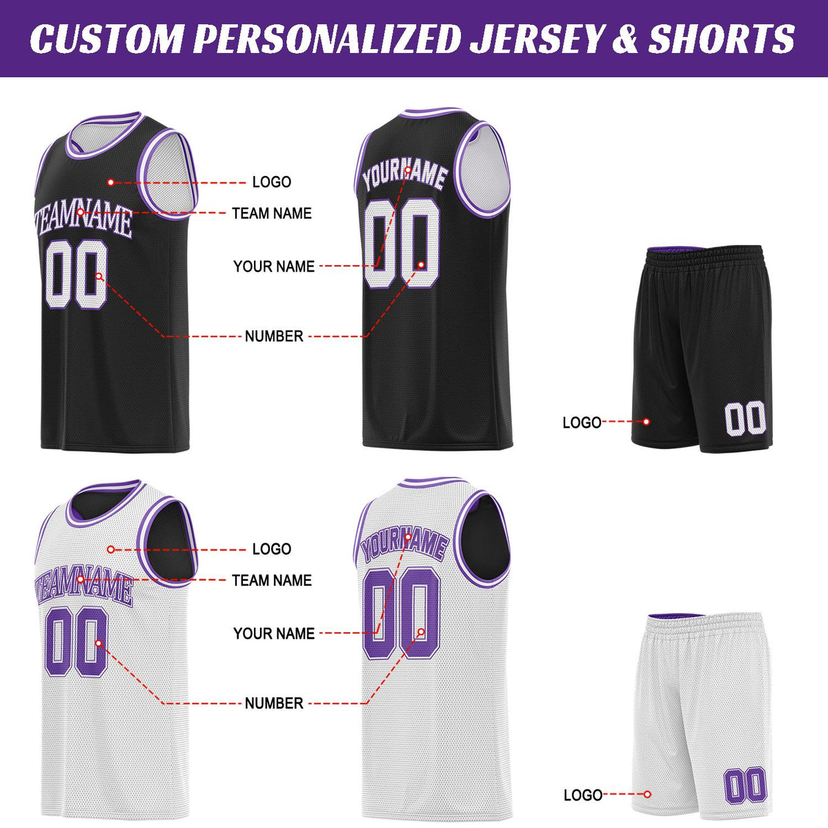 Custom Black White & Purple Basketball Jersey Set | Personalized Team Uniform | Vosoli