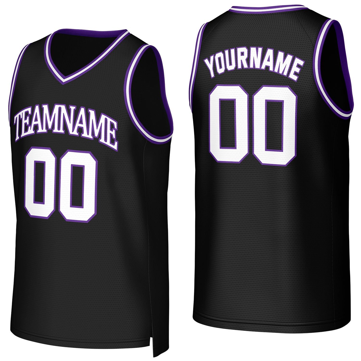 Custom black-white-purple V-neck mesh basketball jersey by Vosoli | Personalized name & number team uniform for youth & adults