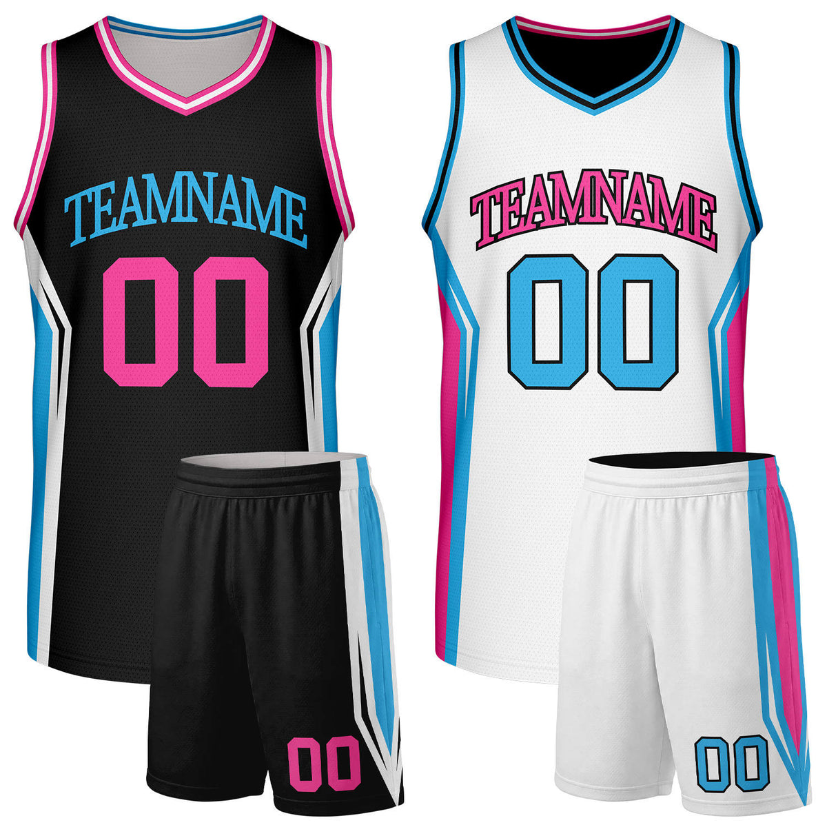 Custom black and white basketball jersey and shorts, reversible set with personalized name &amp; number, breathable mesh for adult &amp; youth.