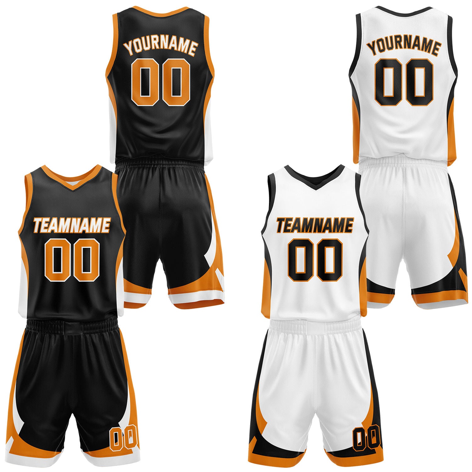 Custom black & white reversible basketball jersey set with shorts by Vosoli | Personalized team name, number & logo | Breathable mesh sport jersey uniform