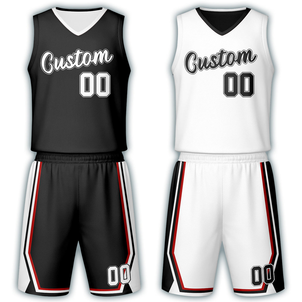 Custom black &amp; white reversible basketball jersey set with shorts by Vosoli | Personalized team name, number &amp; logo | Breathable mesh sport jersey uniform