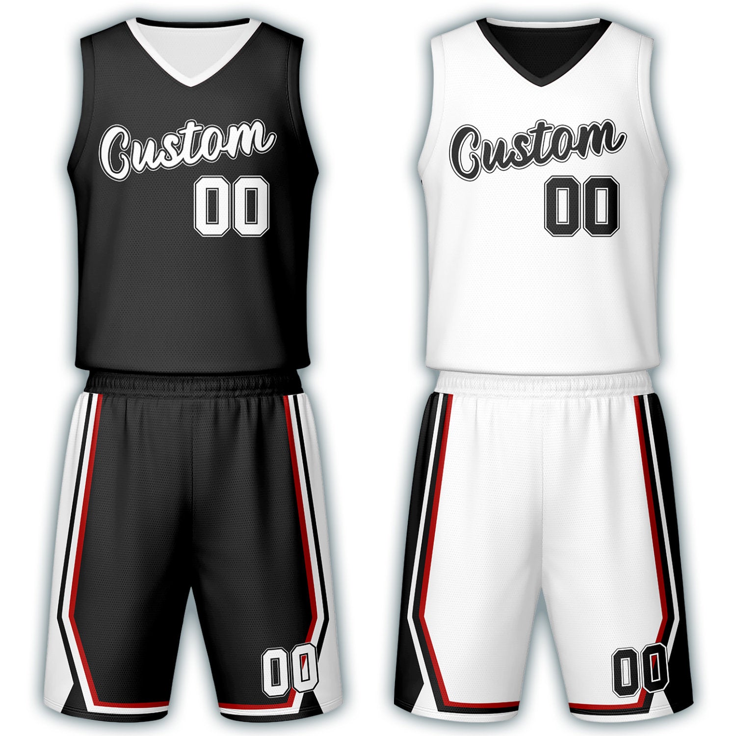 Custom black & white reversible basketball jersey set with shorts by Vosoli | Personalized team name, number & logo | Breathable mesh sport jersey uniform