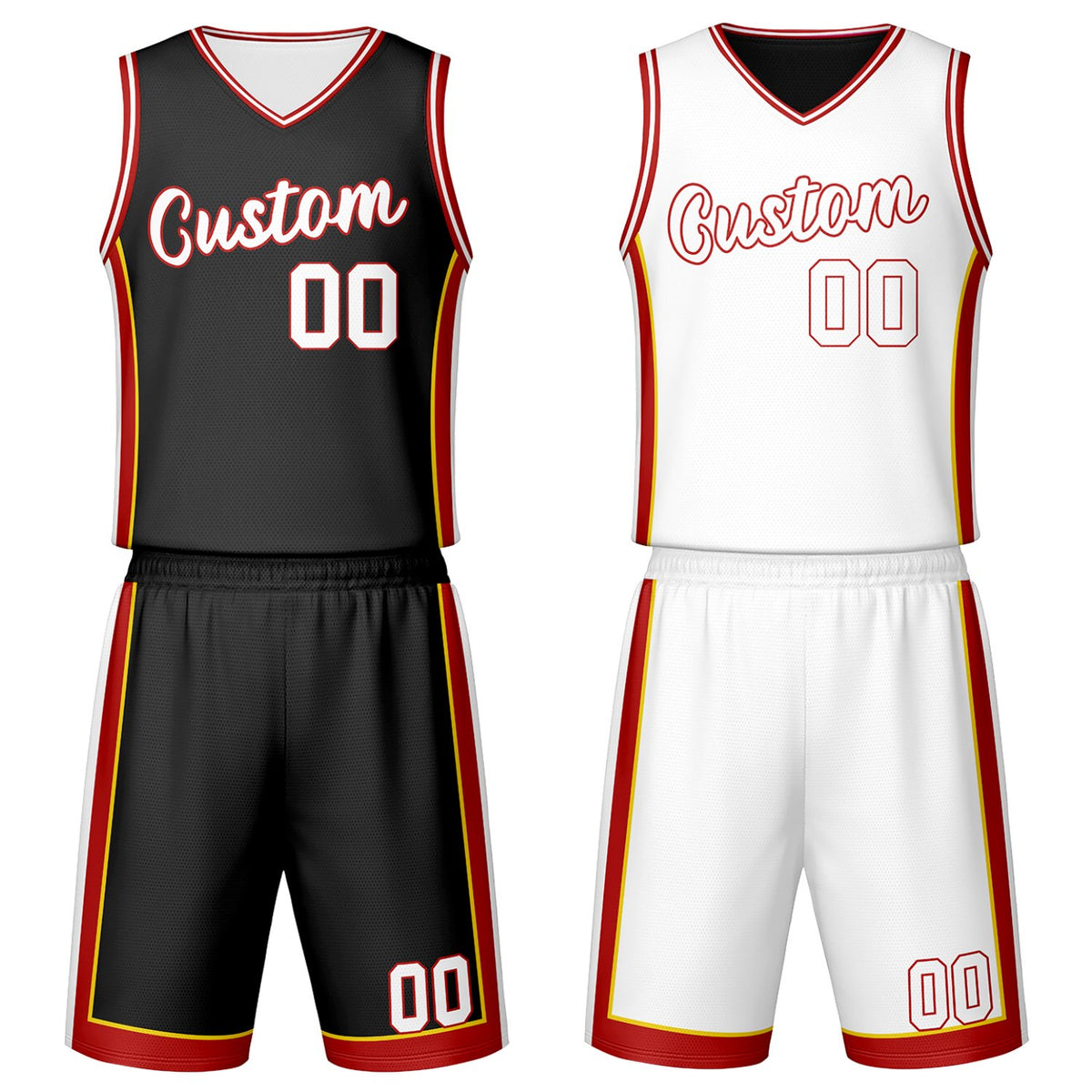 Custom black &amp; white reversible basketball jersey set with shorts by Vosoli | Personalized team name, number &amp; logo | Breathable mesh sport jersey uniform