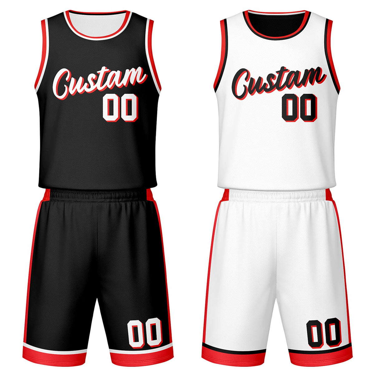 Custom black &amp; white reversible basketball jersey set with shorts by Vosoli | Personalized team name, number &amp; logo | Breathable mesh sport jersey uniform