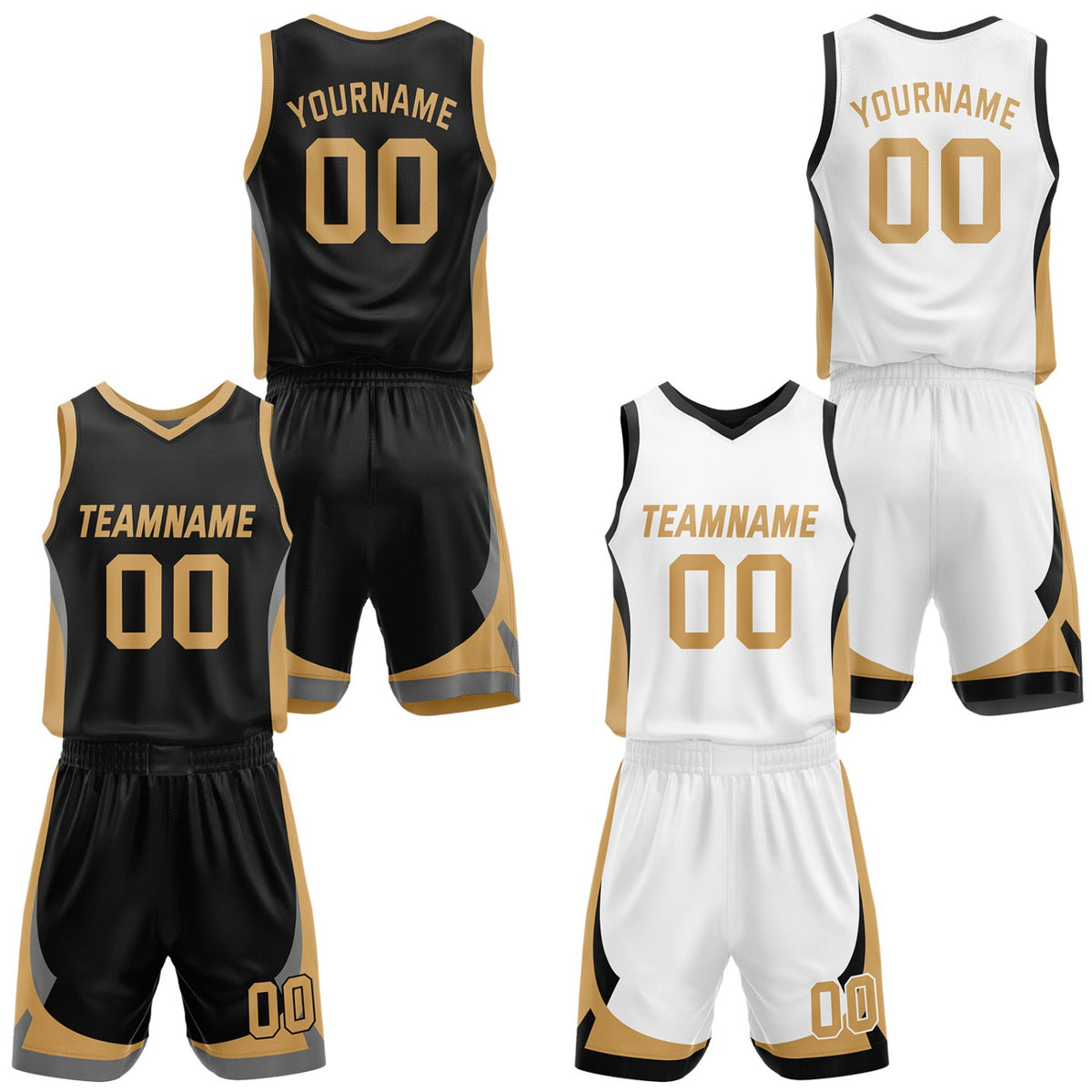 Custom black &amp; white reversible basketball jersey set with shorts by Vosoli | Personalized team name, number &amp; logo | Breathable mesh sport jersey uniform