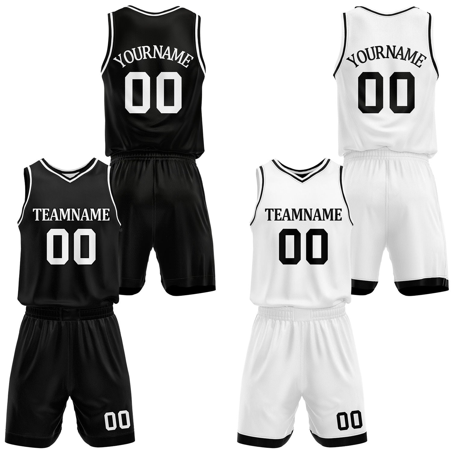 Custom black & white reversible basketball jersey shorts set by Vosoli | Personalized team name number casual uniform sportswear