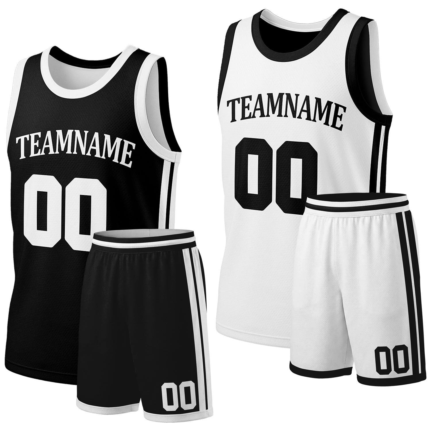 Custom black & white reversible basketball jersey shorts set by Vosoli | Personalized team name & number full team uniform sportswear