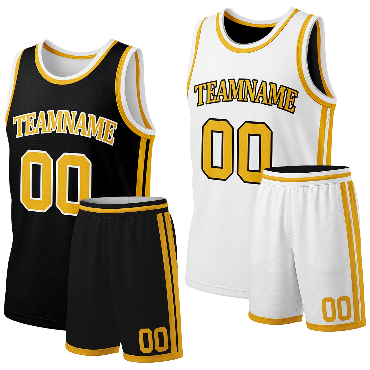 Custom black & white reversible basketball jersey shorts set with gold trim by Vosoli | Personalized team name & number full team uniform sportswear