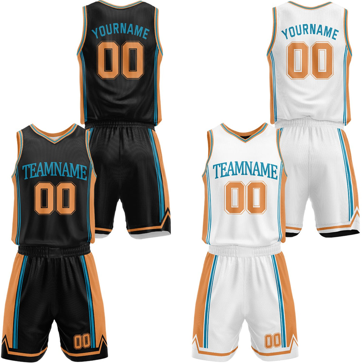 Custom black &amp; white reversible basketball jersey shorts set by Vosoli | Personalized team name number casual vintage uniform sportswear