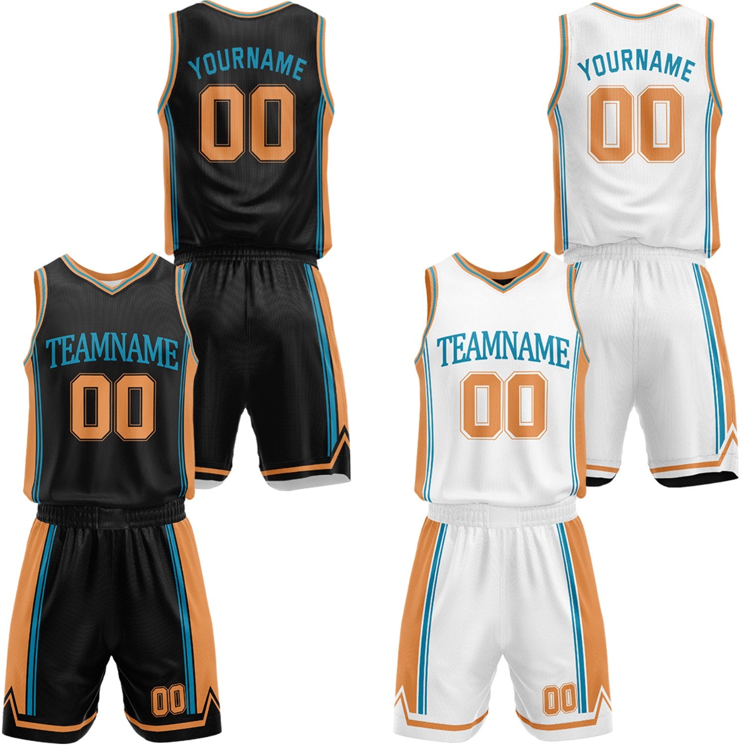 Custom black & white reversible basketball jersey shorts set by Vosoli | Personalized team name number casual vintage uniform sportswear