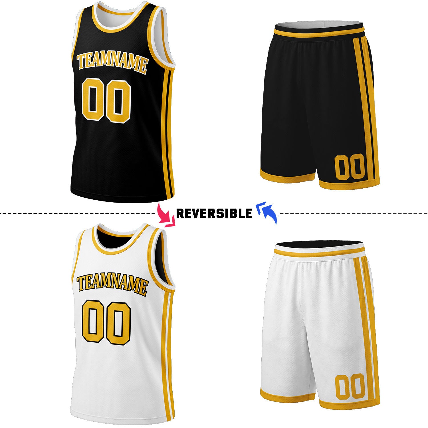 Custom Black & White Reversible Basketball Jersey Shorts Set | Personalized Full Team Uniform