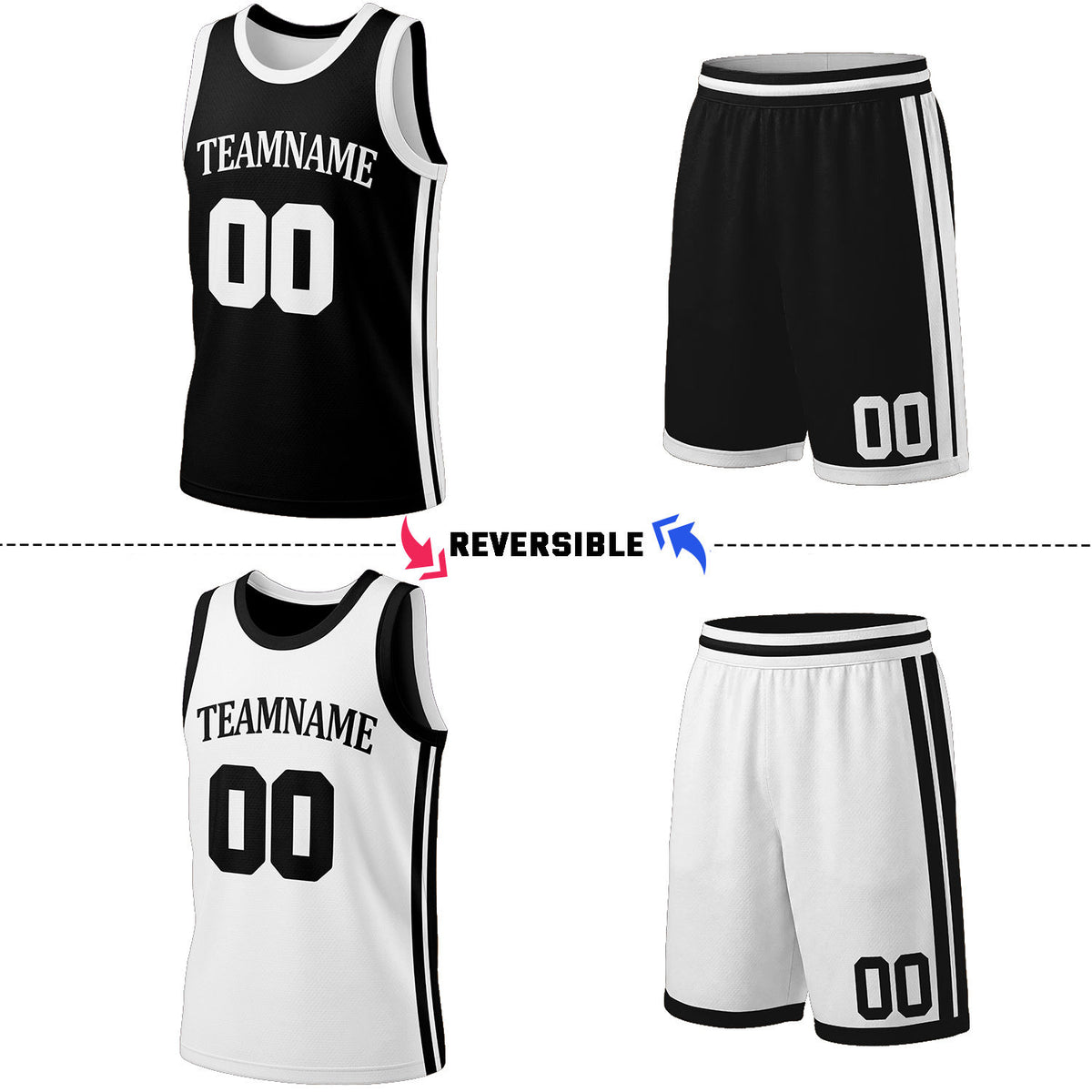 Custom Black & White Reversible Basketball Jersey Shorts Set | Personalized Full Team Uniform