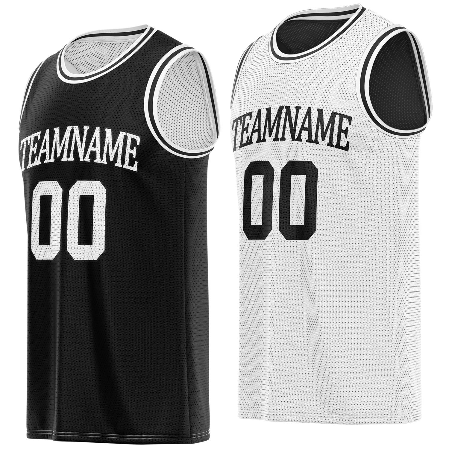 Custom black & white reversible basketball jersey, personalized team name number breathable mesh sports top for men women youth game practice - Vosoli