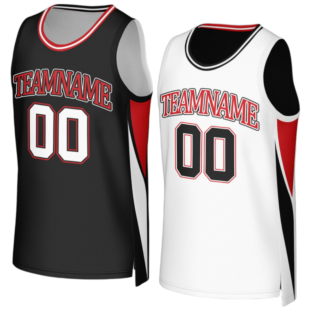 Custom black and white reversible basketball jersey by Vosoli with personalized team name, number and logo on both sides, breathable mesh 2-in-1 jersey for high school, college and AAU teams