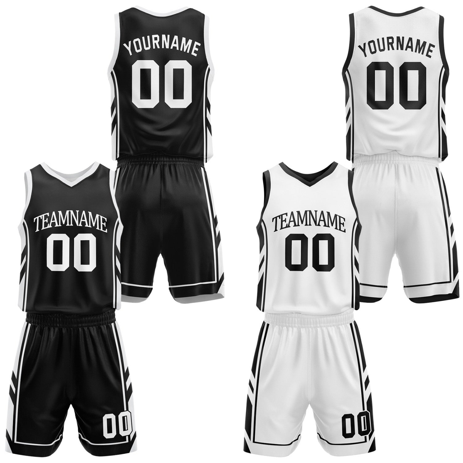 Custom black & white reversible basketball uniform set by Vosoli | Personalized team name, number & logo | Breathable mesh jersey and shorts sport set