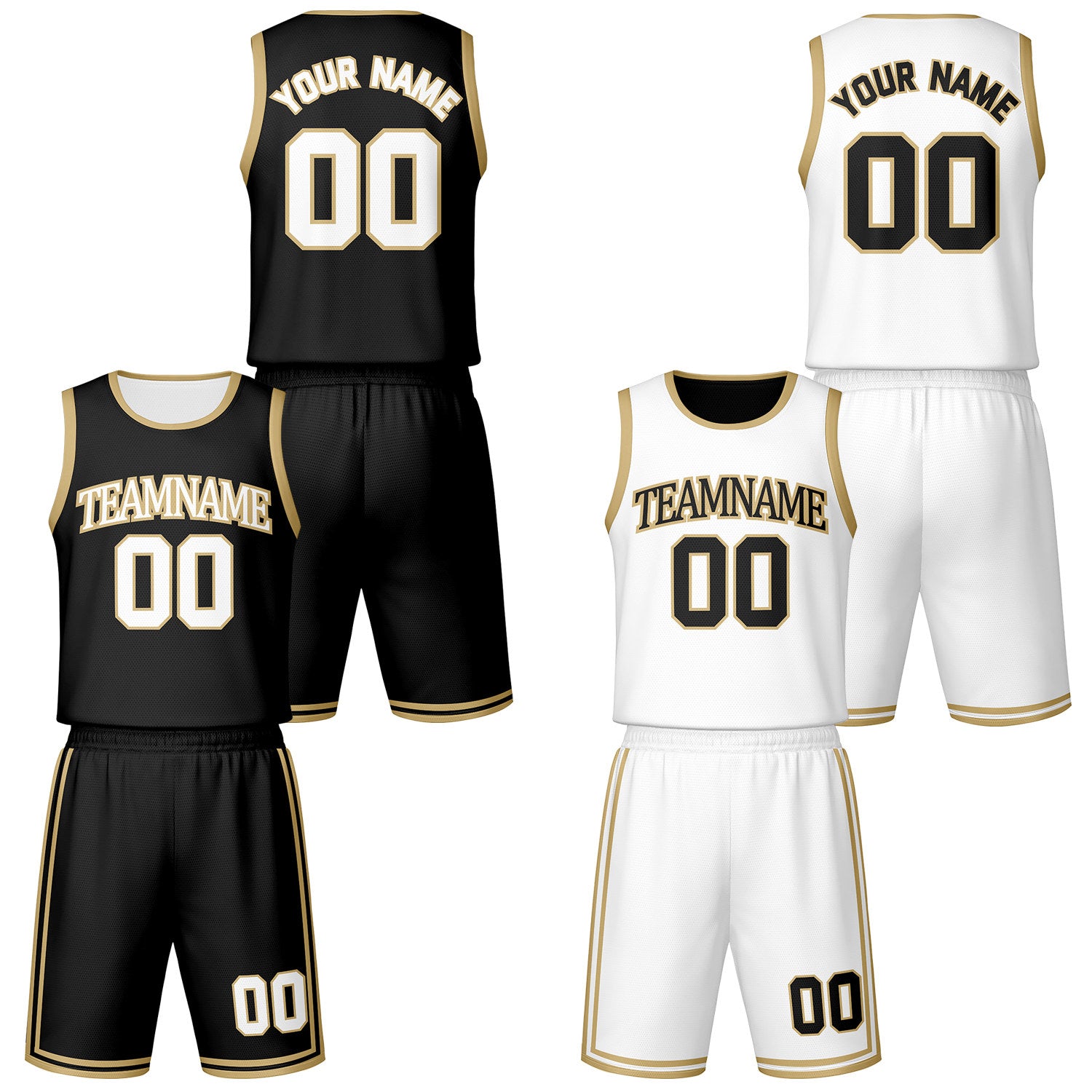 Custom black & white reversible basketball jersey shorts set by Vosoli | Personalized team name number vintage uniform sportswear