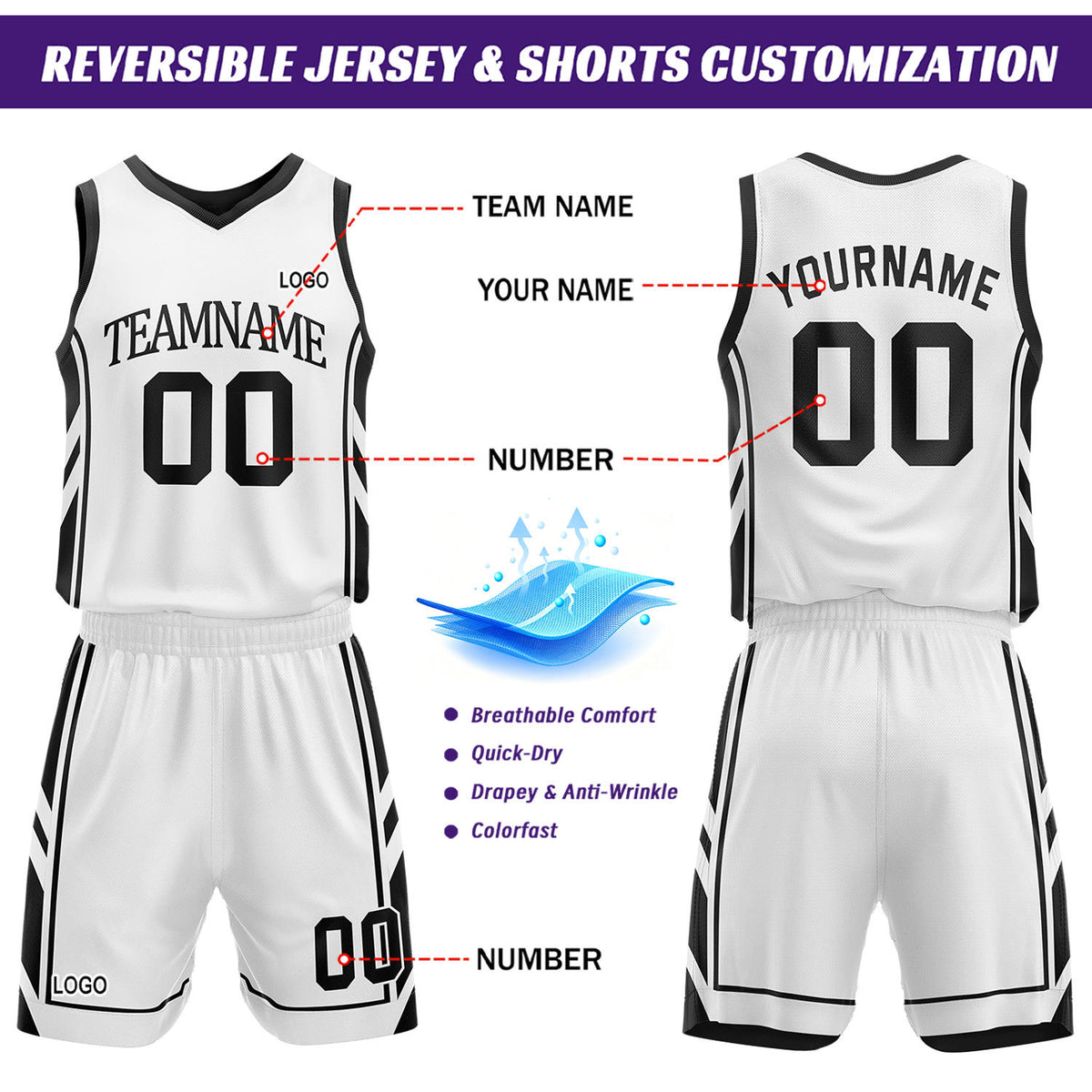 Custom Black & White Reversible Basketball Uniform Set | Personalized Name Number Mesh Jersey Shorts Kit