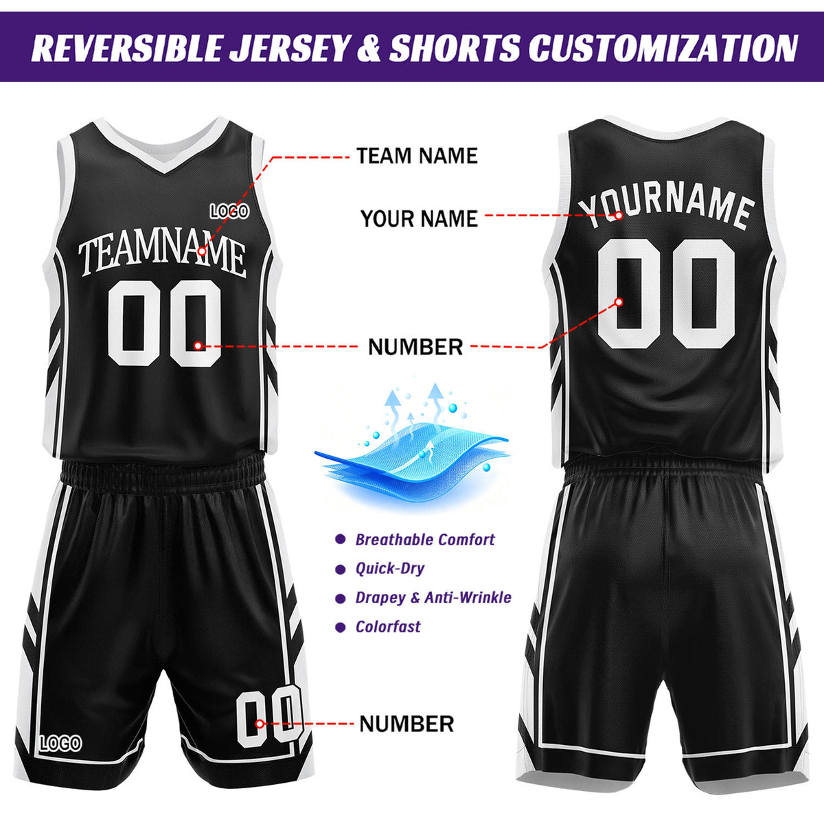 Custom Black & White Reversible Basketball Uniform Set | Personalized Name Number Mesh Jersey Shorts Kit