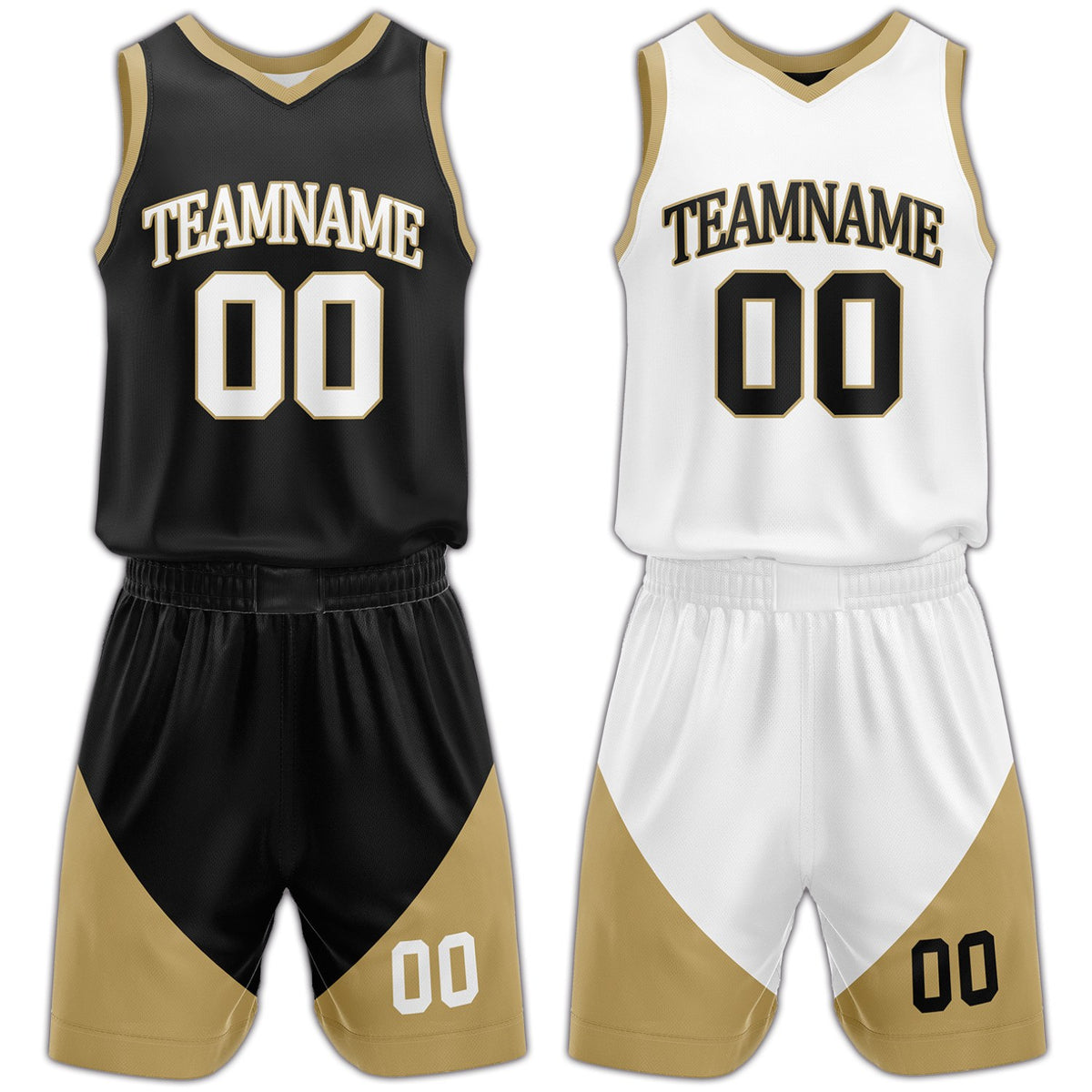 Custom black and white reversible basketball uniform by Vosoli. Personalized with team name, number, and logo. Breathable mesh jersey and shorts for high school, college, AAU teams.