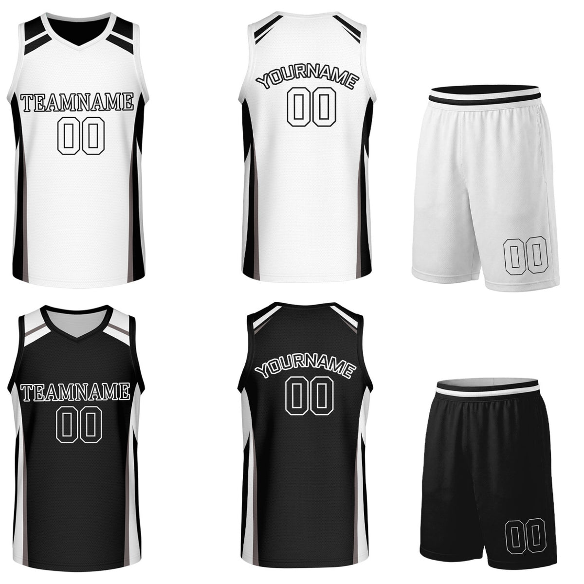 Custom black and white reversible basketball uniform by Vosoli. Personalized with team name, number, and logo. Breathable mesh jersey and shorts for high school, college, and AAU teams.