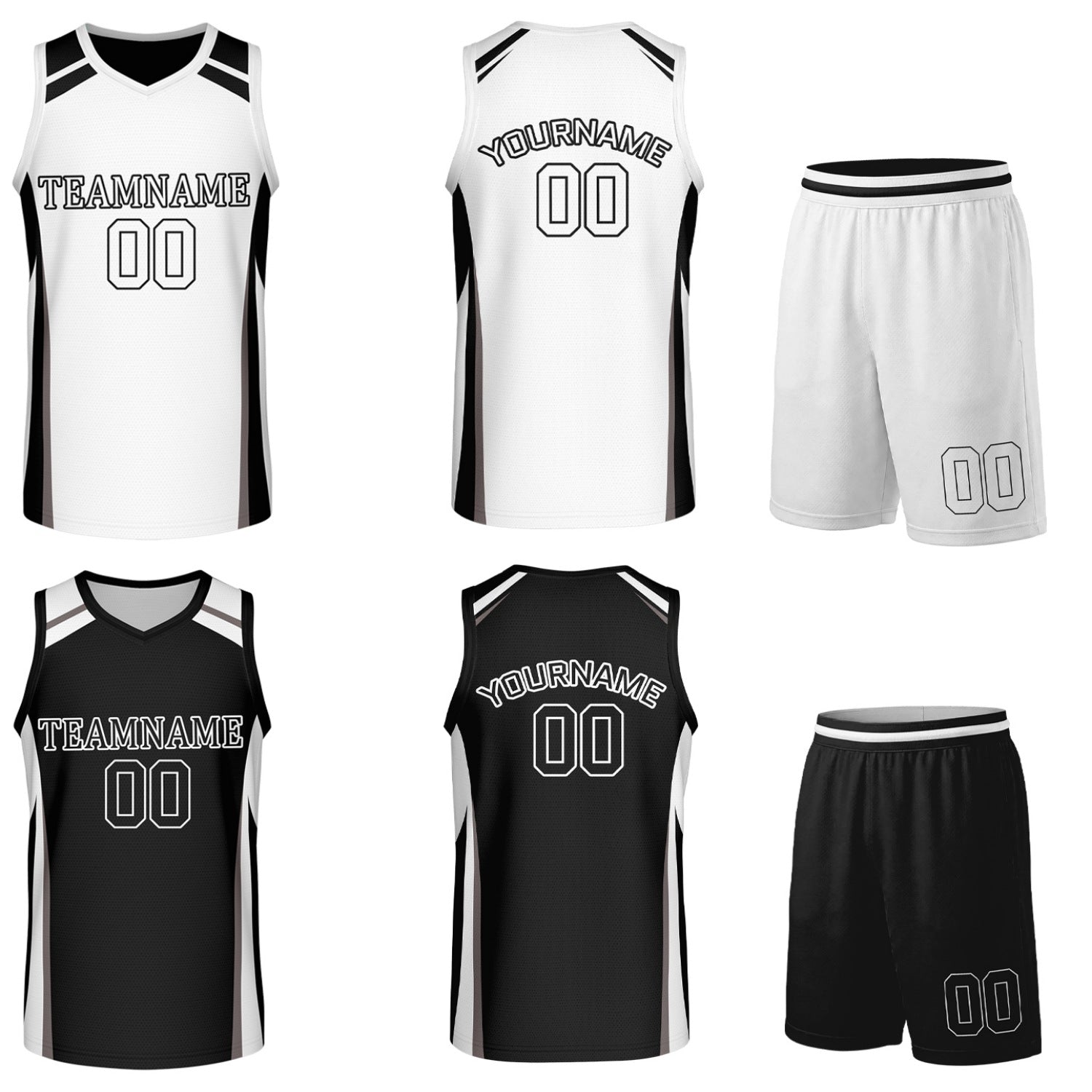 Custom black and white reversible basketball uniform by Vosoli. Personalized with team name, number, and logo. Breathable mesh jersey and shorts for high school, college, and AAU teams.