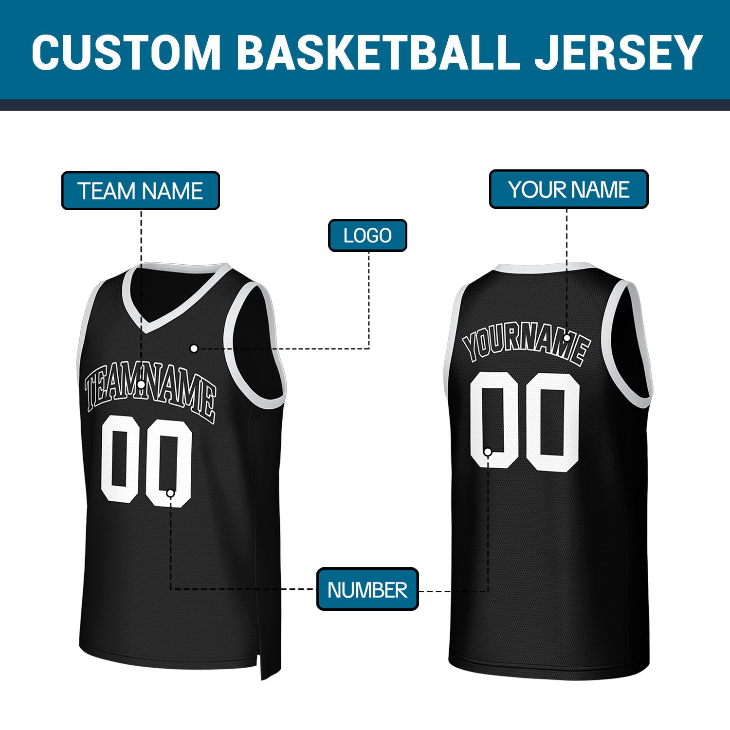 Custom Black White Stitched Basketball Jersey | Personalized Name Number Logo Mesh Sports Jersey