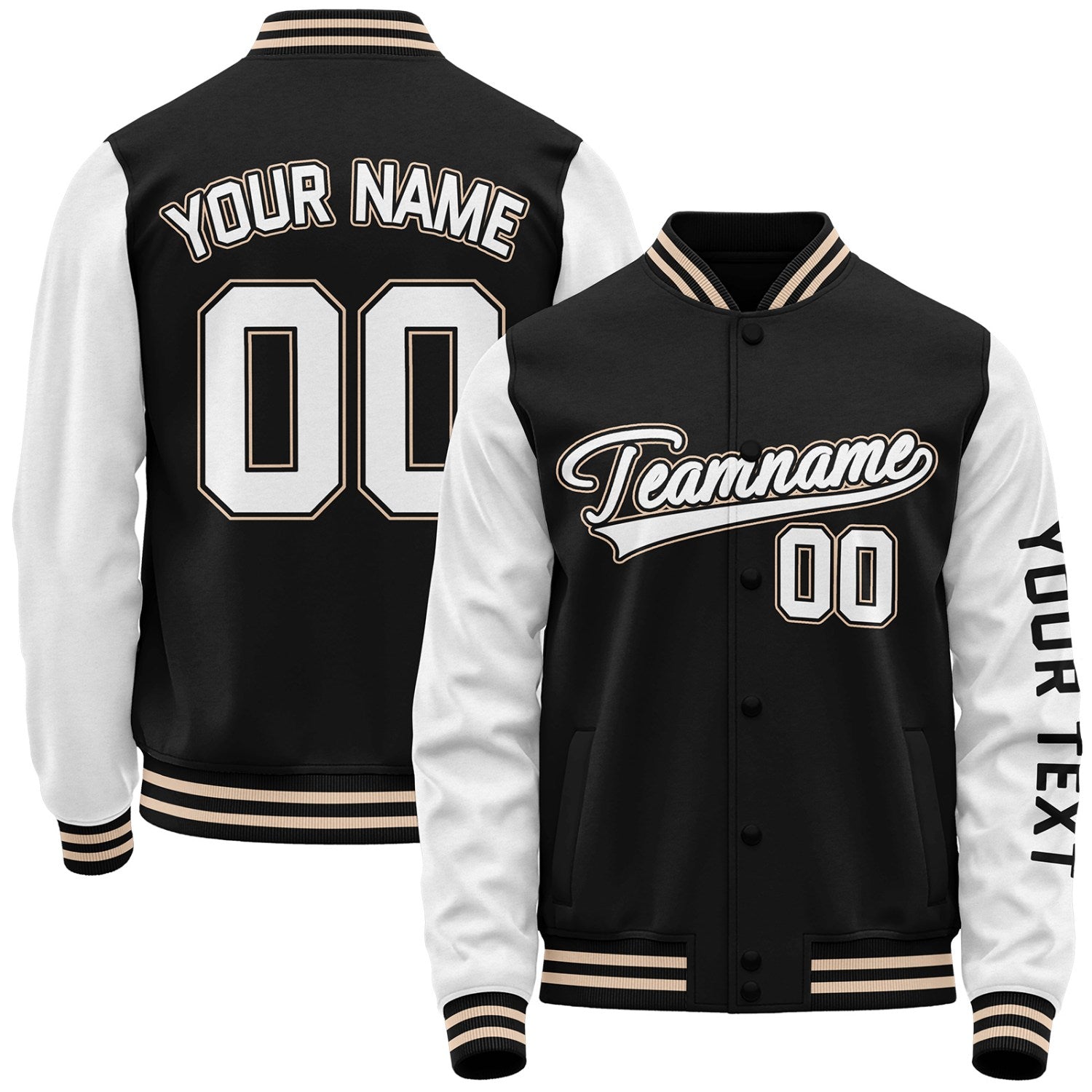 custom team baseball jackets by Vosoli, personalized stitched name, number & logo, classic button up varsity letterman jacket for baseball team and casual wear